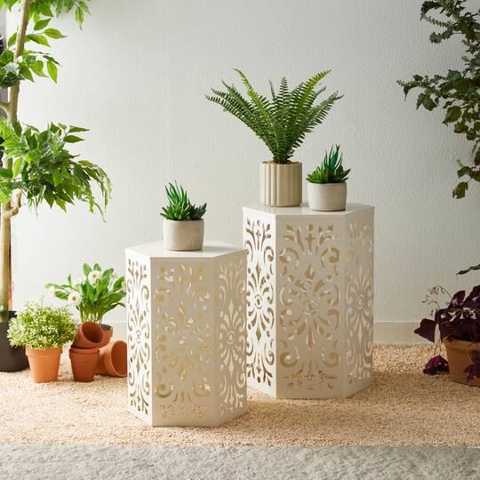 Glitzhome® Floral Motif Hexagonal Garden Stool Set